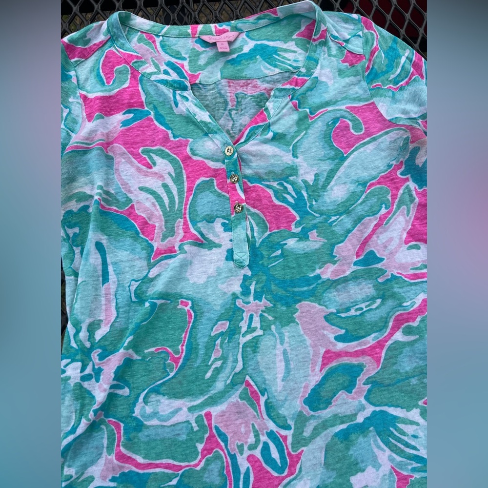 LILLY PULITZER Mindy Tunic Top Tropical Pink Sands V-Neck Linen Shirt Medium - Picture 6 of 11